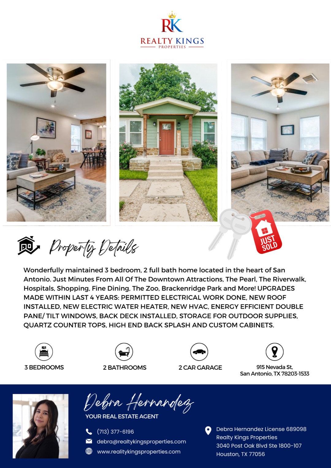 Realty Kings Just Sold flyer for a 3 bedroom home with interior photos and agent details