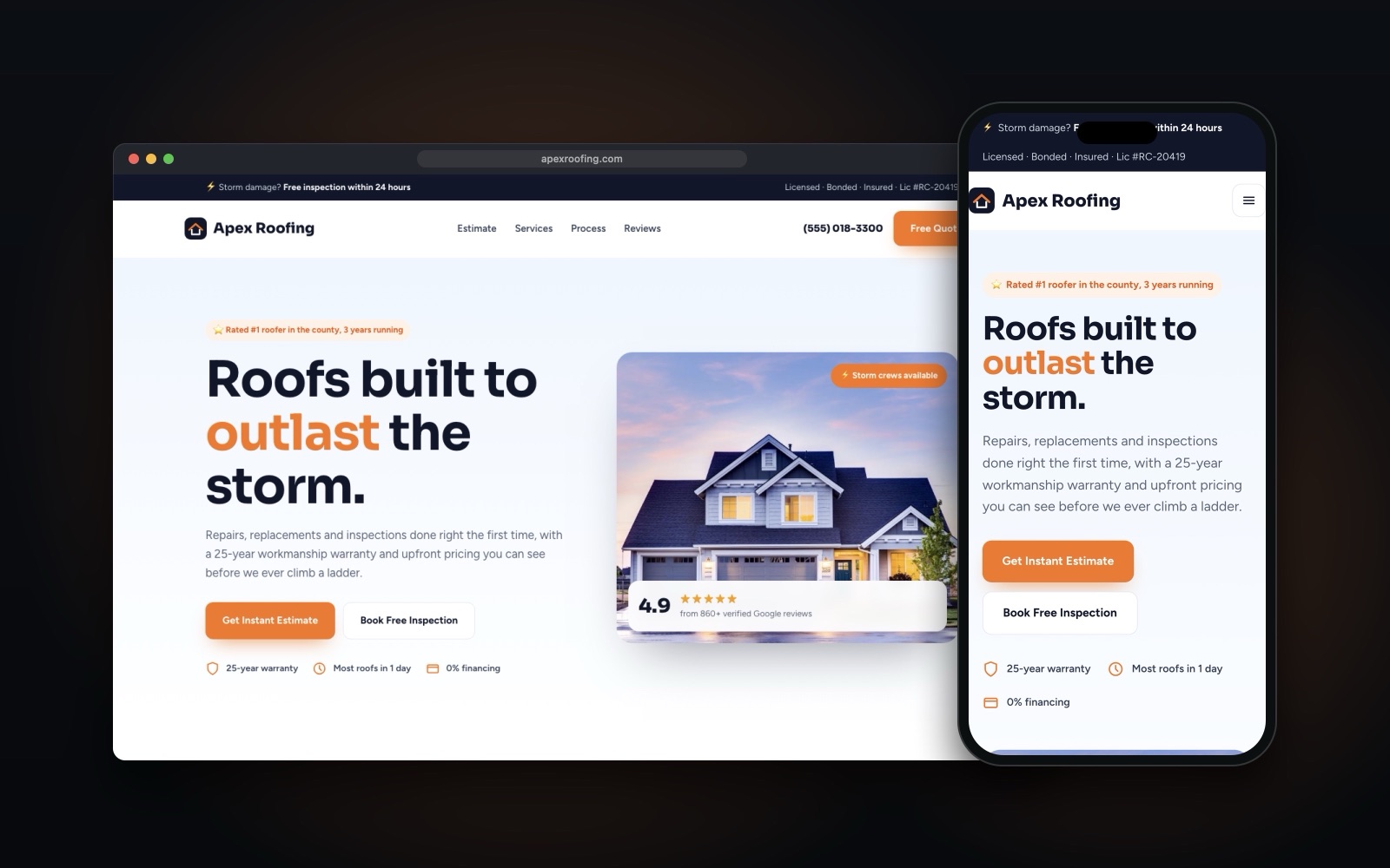 Apex Roofing Roofing & Home Services website template shown on desktop and mobile