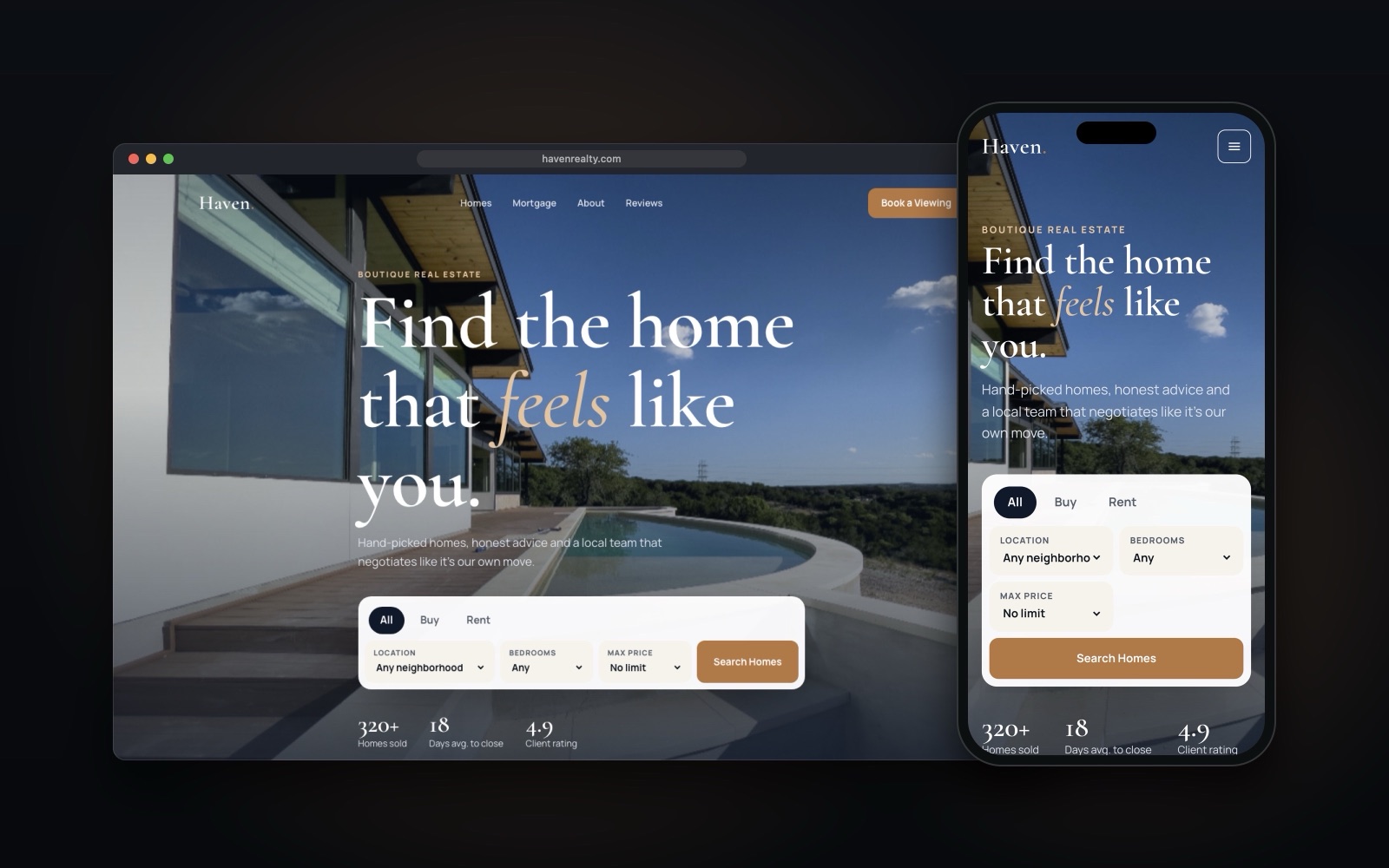 Haven Realty Real Estate website template shown on desktop and mobile