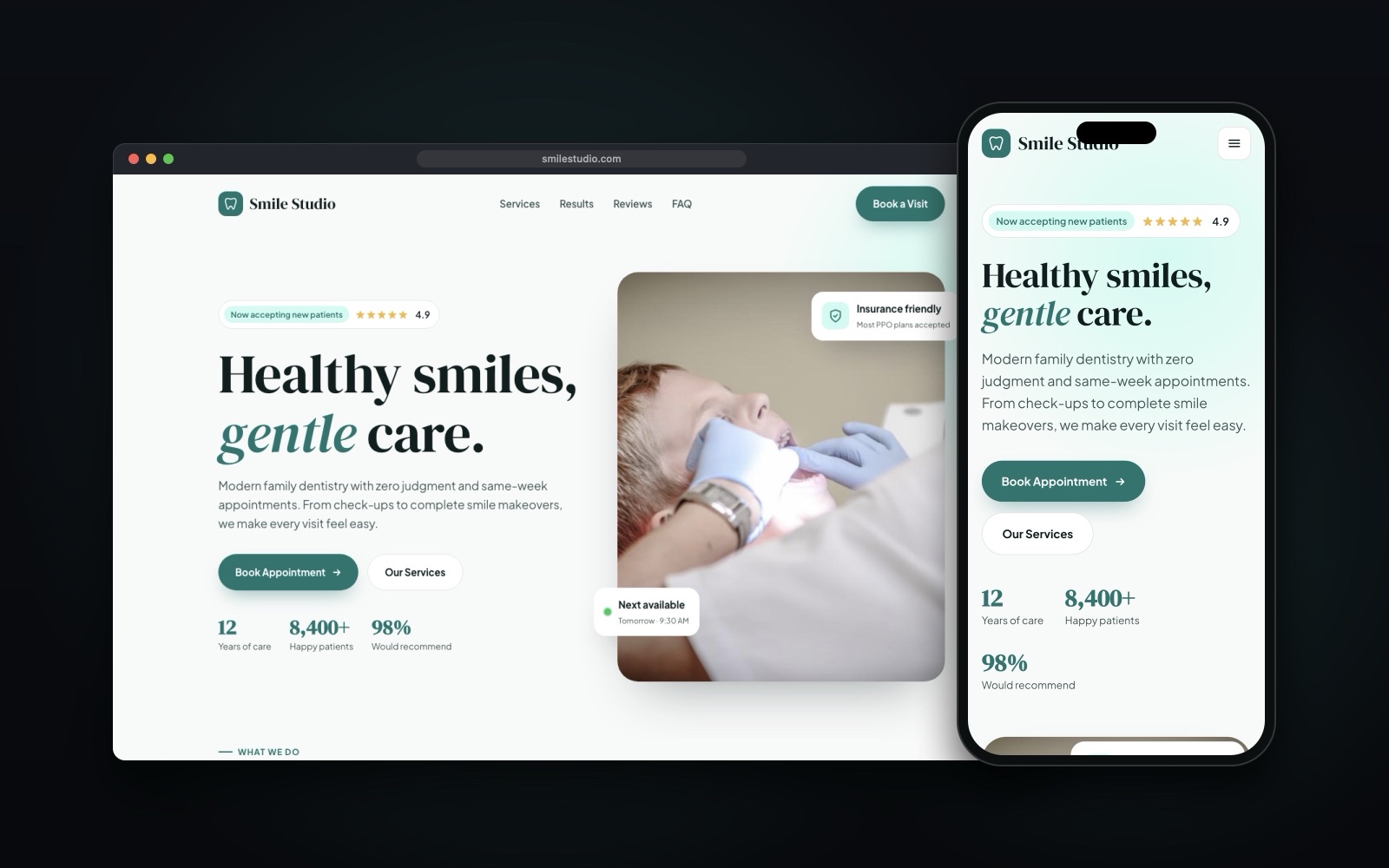 Smile Studio Dental Clinic website template shown on desktop and mobile